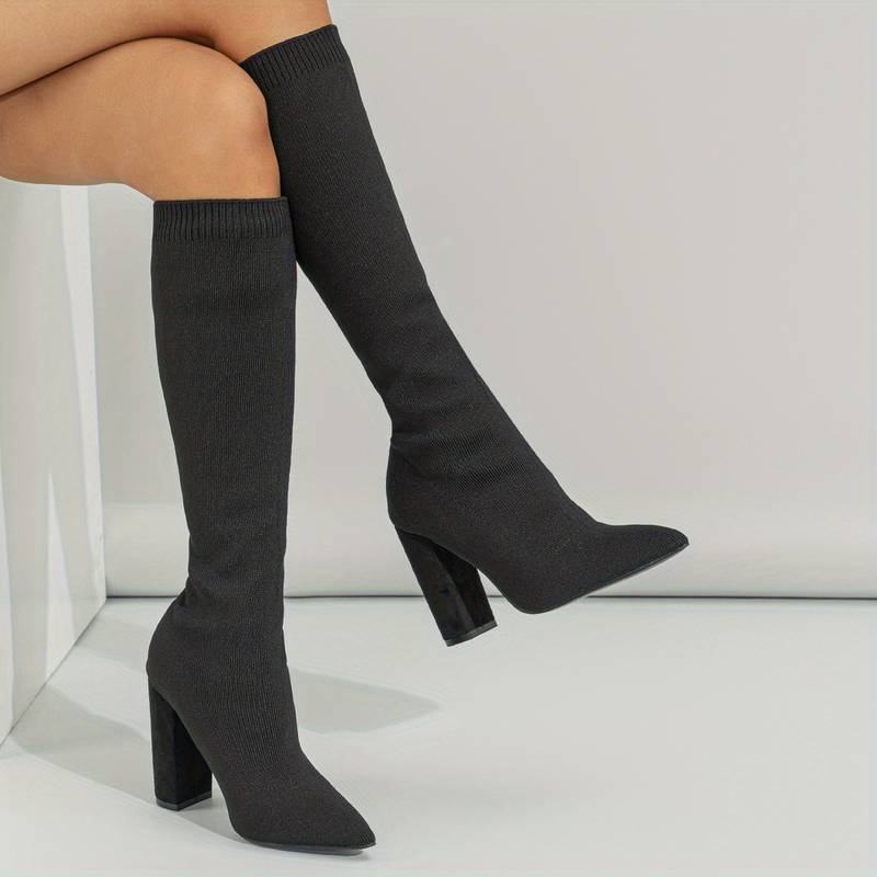 Damen Kniehohe Sockenstiefel - Stretch-Strick & Blockabsatz