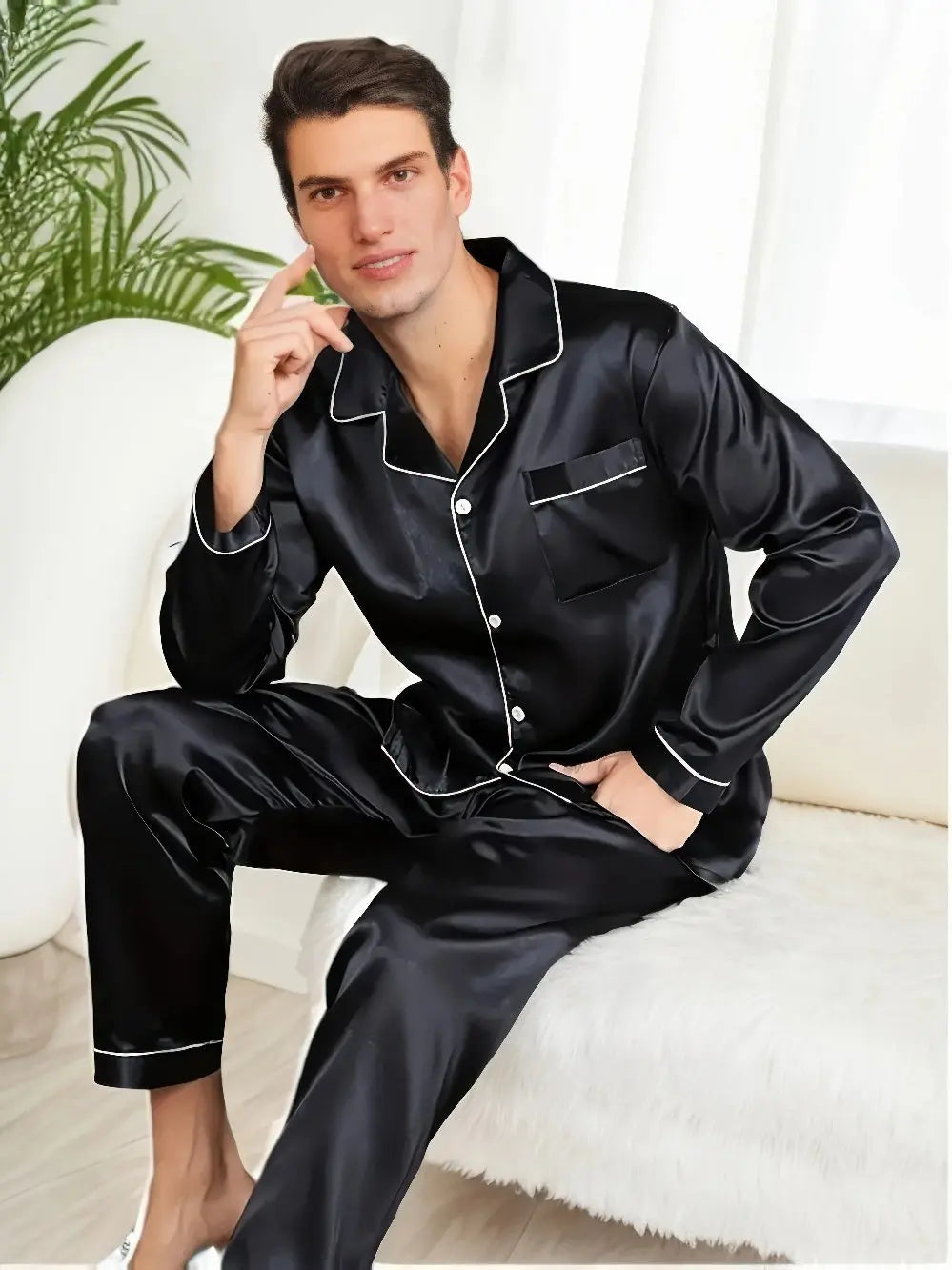 Herren Seidenartiges zweiteiliges Pyjama-Set - Hemd mit Kragen und Hose