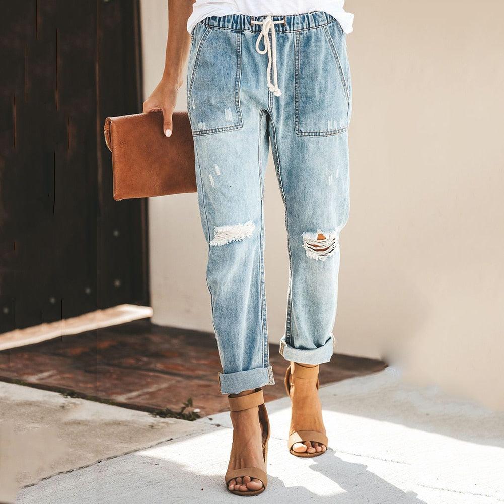 Damen Denim Jogger Jeans - Knöchelbündchen & Kordelzug