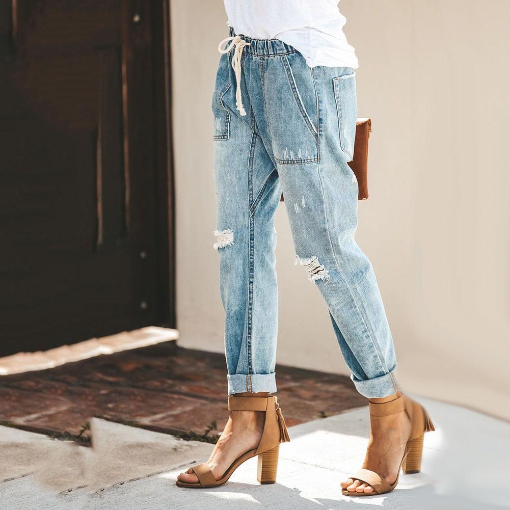 Damen Denim Jogger Jeans - Knöchelbündchen & Kordelzug