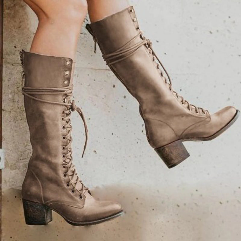 Damen Schnürstiefel - Kniehoch mit Reißverschluss hinten