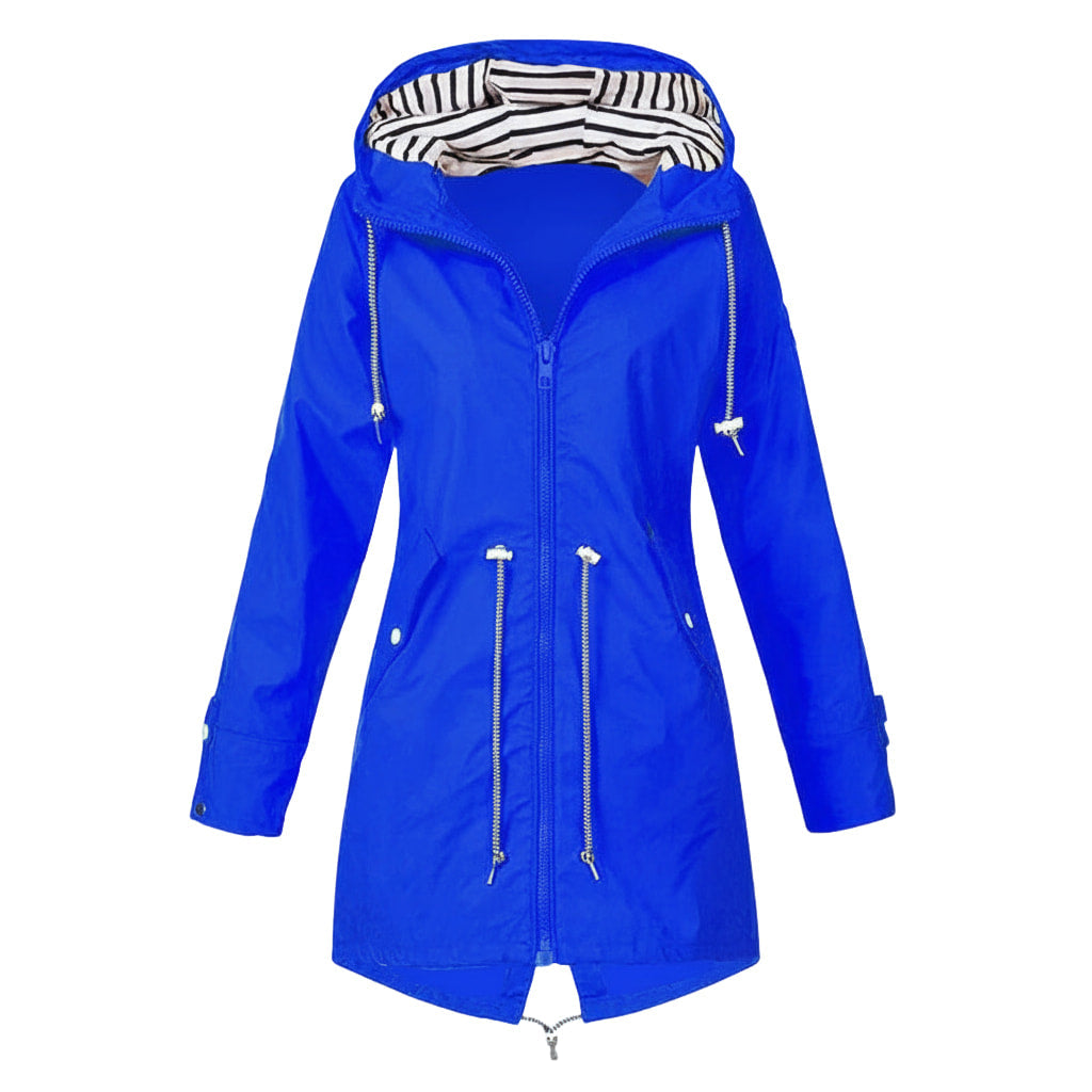 Damen Lange Wasserdichte Jacke - Kapuze mit Kordelzug