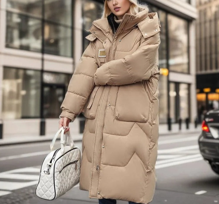 Damen Oversized Steppmantel - Kapuze mit Hohem Kragen