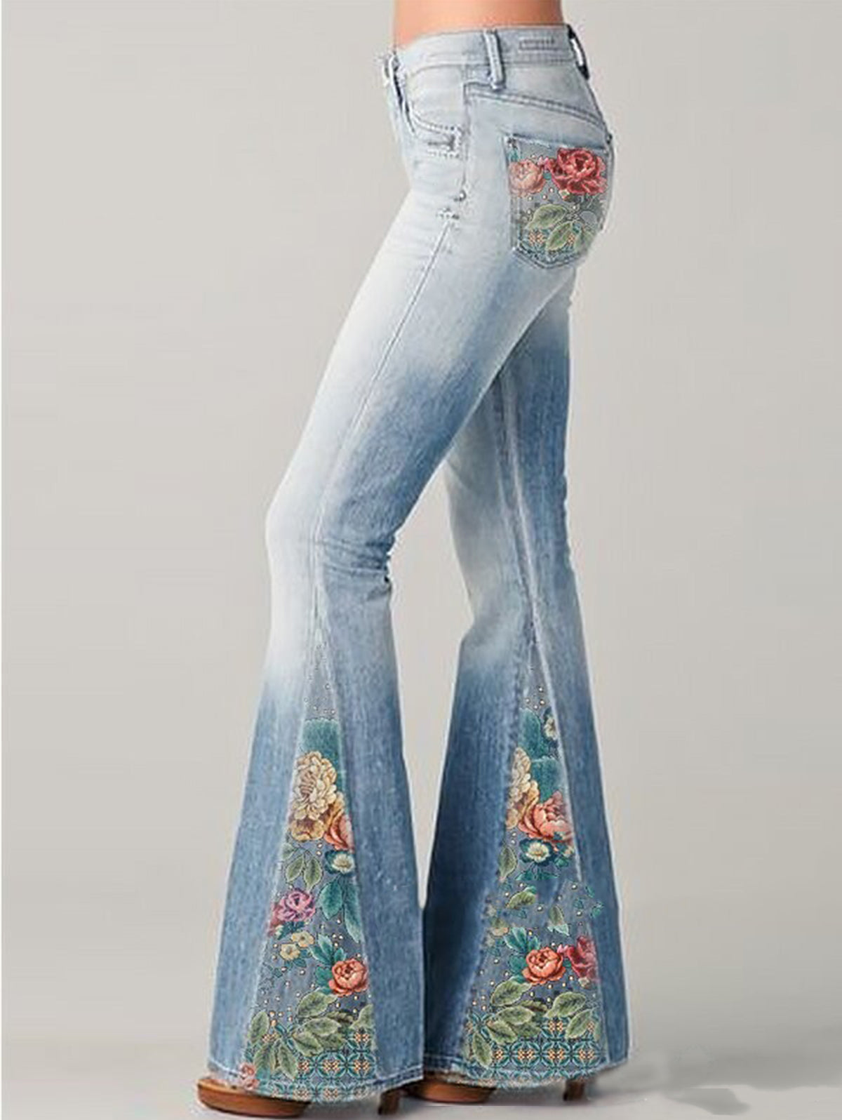 Damen Bestickte Schlagjeans  - Blumenmuster
