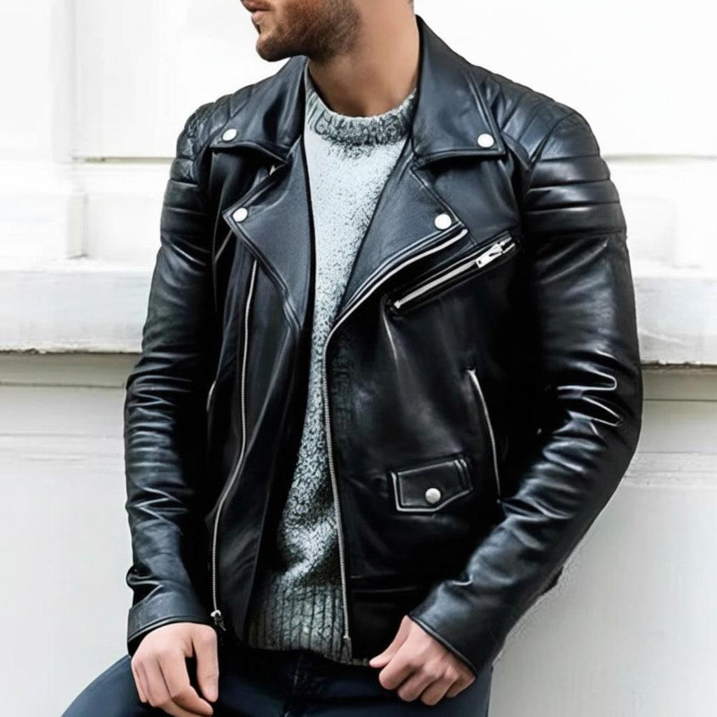 Herren Bikerjacke mit Gekerbtem Revers - Reißverschluss & Gesteppte Schultern