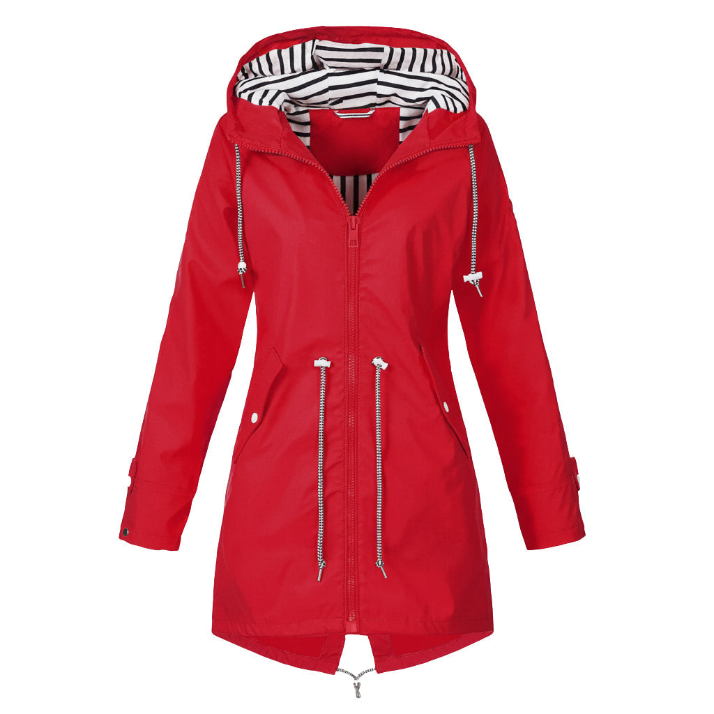 Damen Lange Wasserdichte Jacke - Kapuze mit Kordelzug