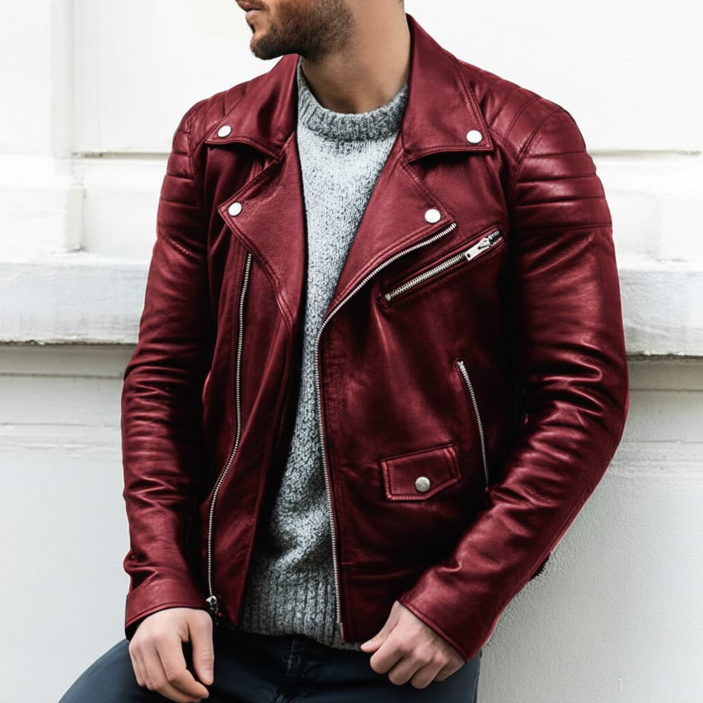 Herren Bikerjacke mit Gekerbtem Revers - Reißverschluss & Gesteppte Schultern