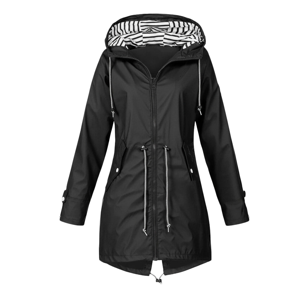 Damen Lange Wasserdichte Jacke - Kapuze mit Kordelzug