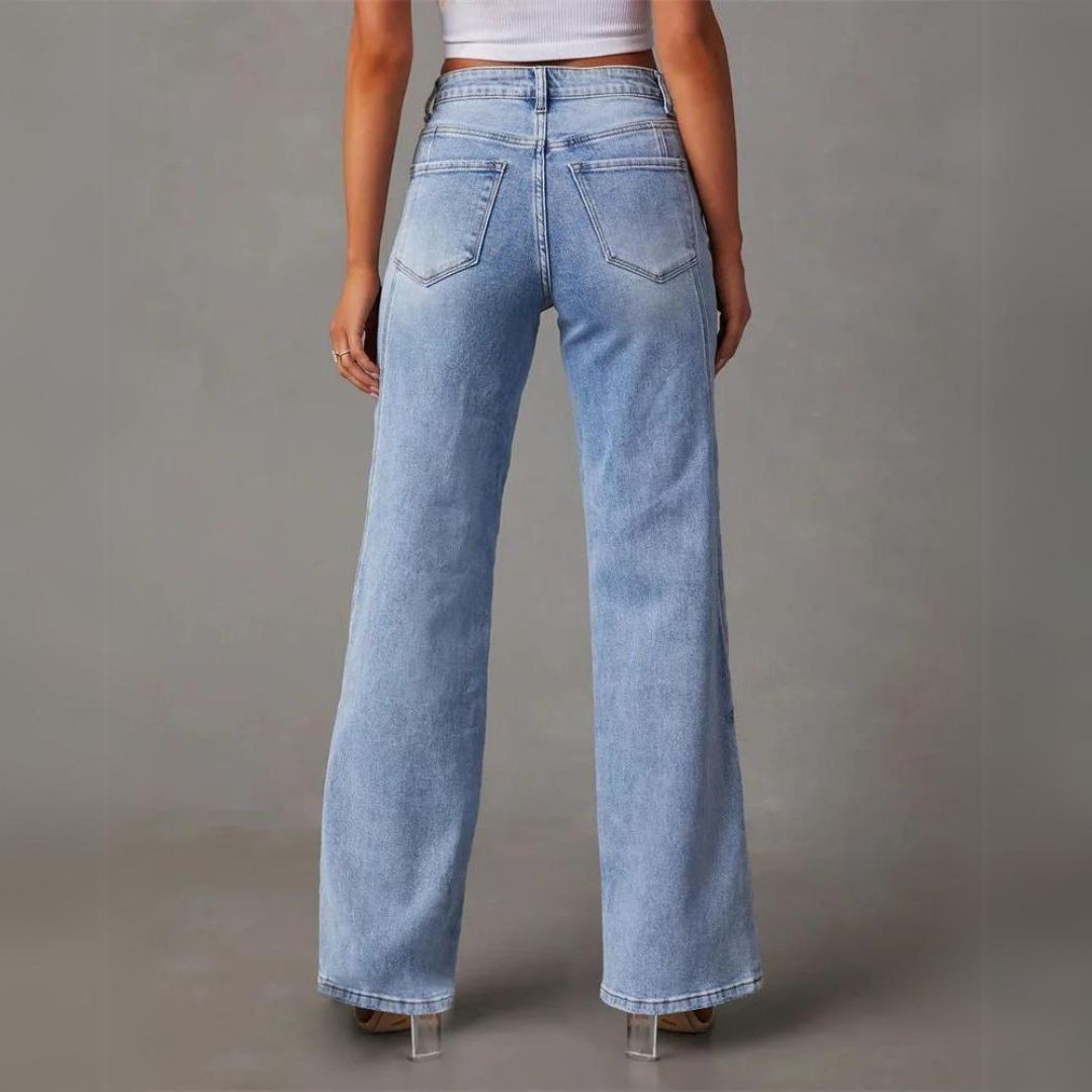 Damen Blaue Weite Jeans - Entspannte Passform mit V-Nähten