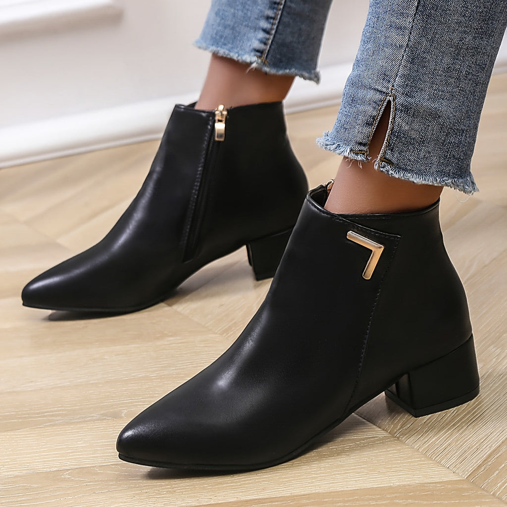 Damen Schwarze Stiefeletten mit klobigem Absatz - Seitlicher Reißverschluss