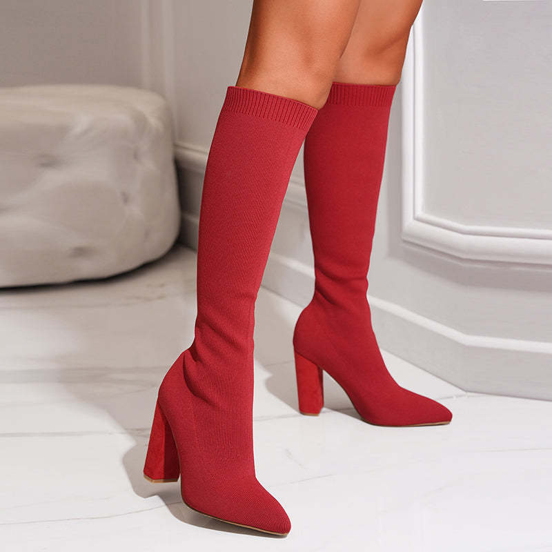 Damen Kniehohe Sockenstiefel - Stretch-Strick & Blockabsatz