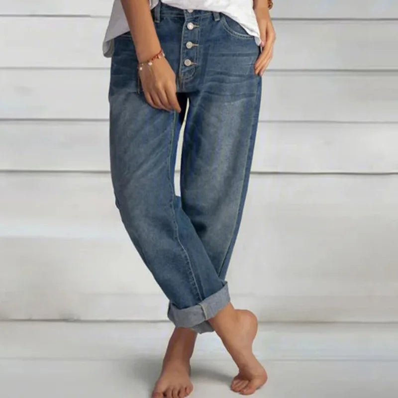 Damen Blaue Weite Jeans - Hohe Taille & Multi-Knopf