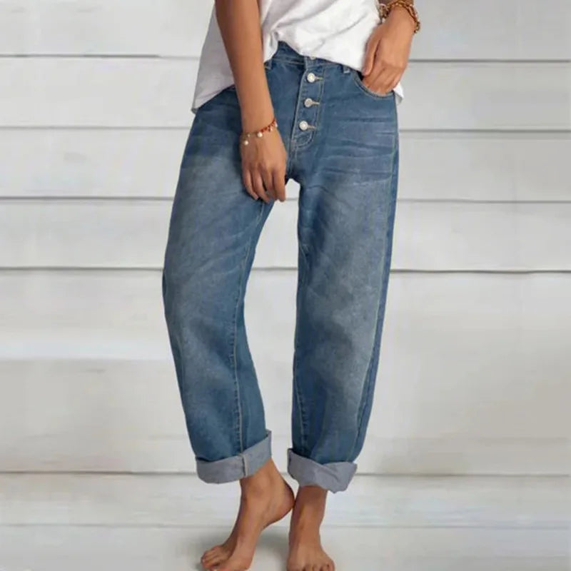 Damen Blaue Weite Jeans - Hohe Taille & Multi-Knopf