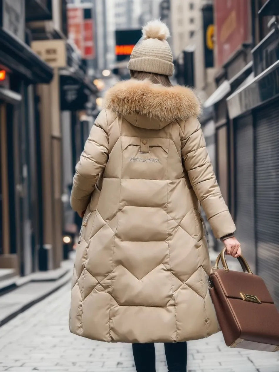 Damen Maxi Steppmantel - Mit Flauschigem Kapuzenbesatz