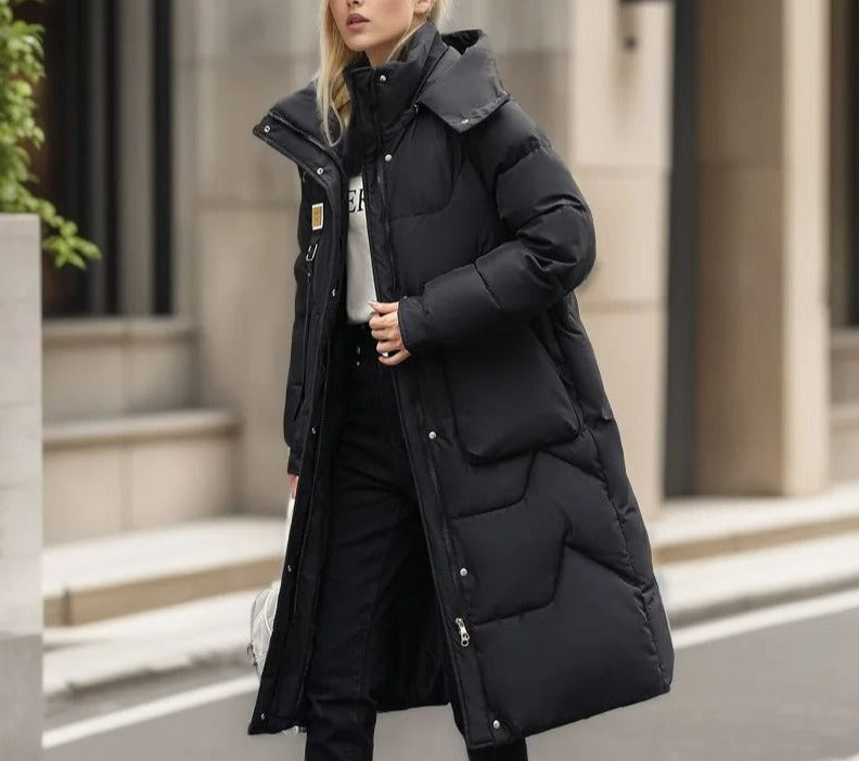 Damen Oversized Steppmantel - Kapuze mit Hohem Kragen