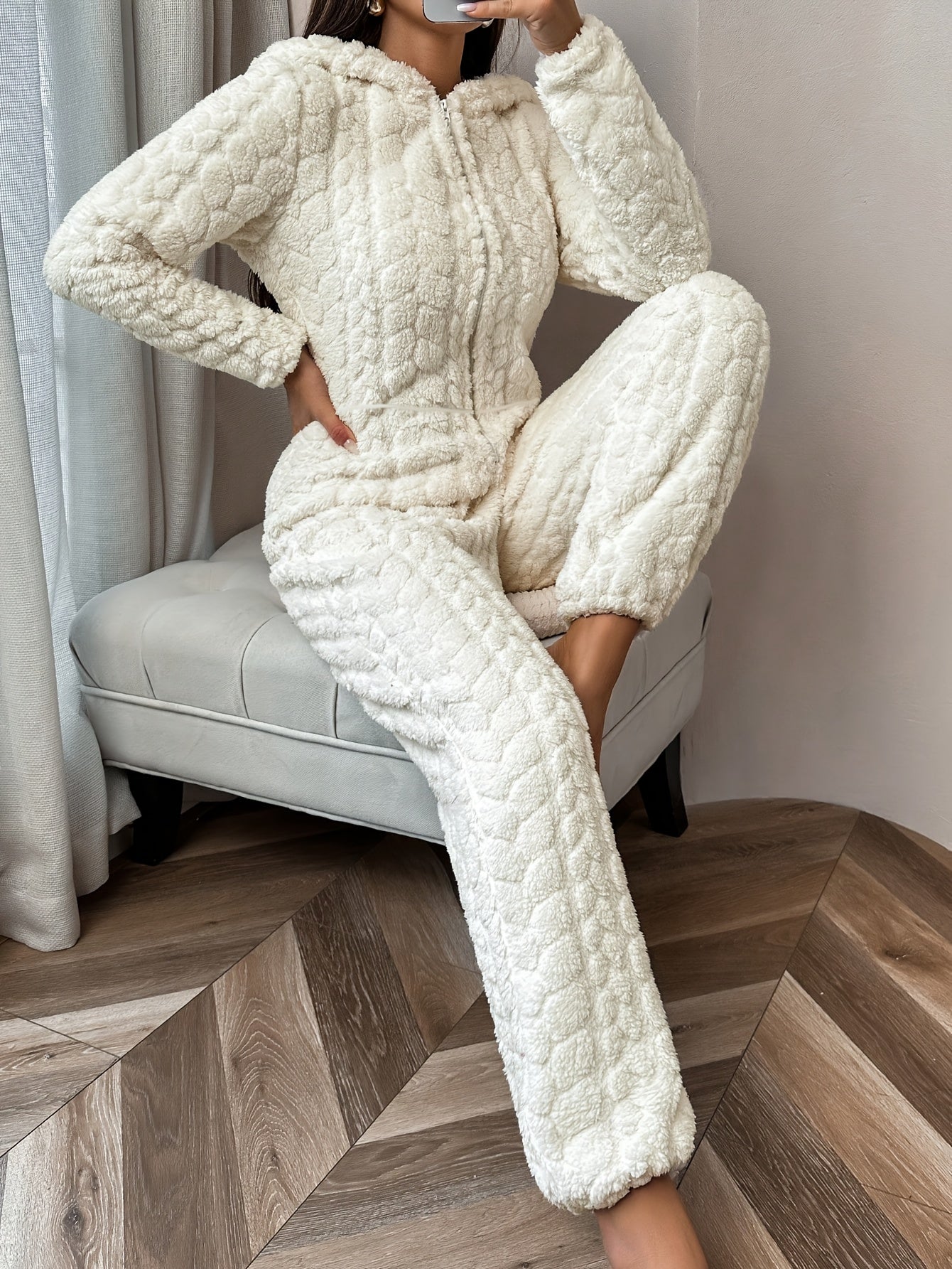 Damen Creme Texturierter Kapuzen-Onesie - Reißverschluss Weiche Loungewear