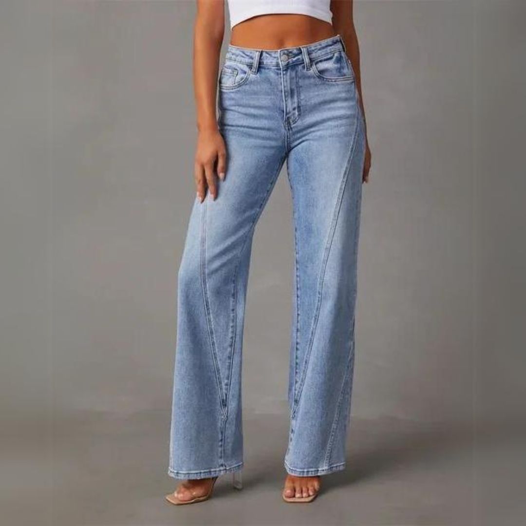 Damen Blaue Weite Jeans - Entspannte Passform mit V-Nähten