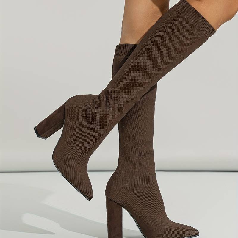 Damen Kniehohe Sockenstiefel - Stretch-Strick & Blockabsatz