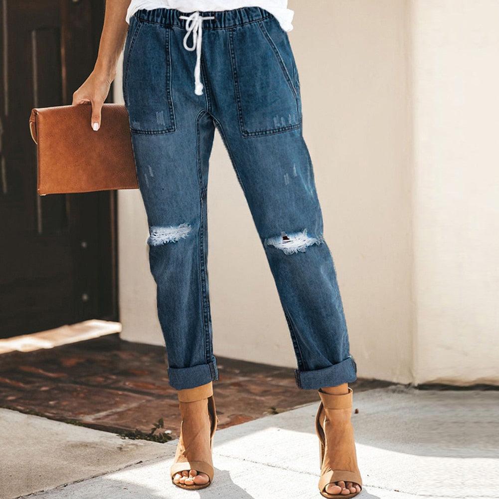 Damen Denim Jogger Jeans - Knöchelbündchen & Kordelzug