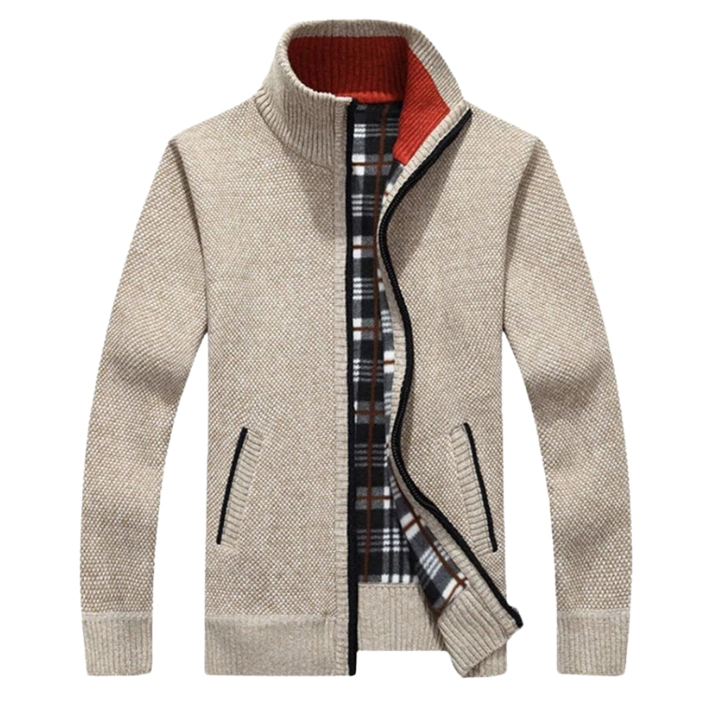 Herren Full-Zip Cardigan - Stehkragen mit Karofutter