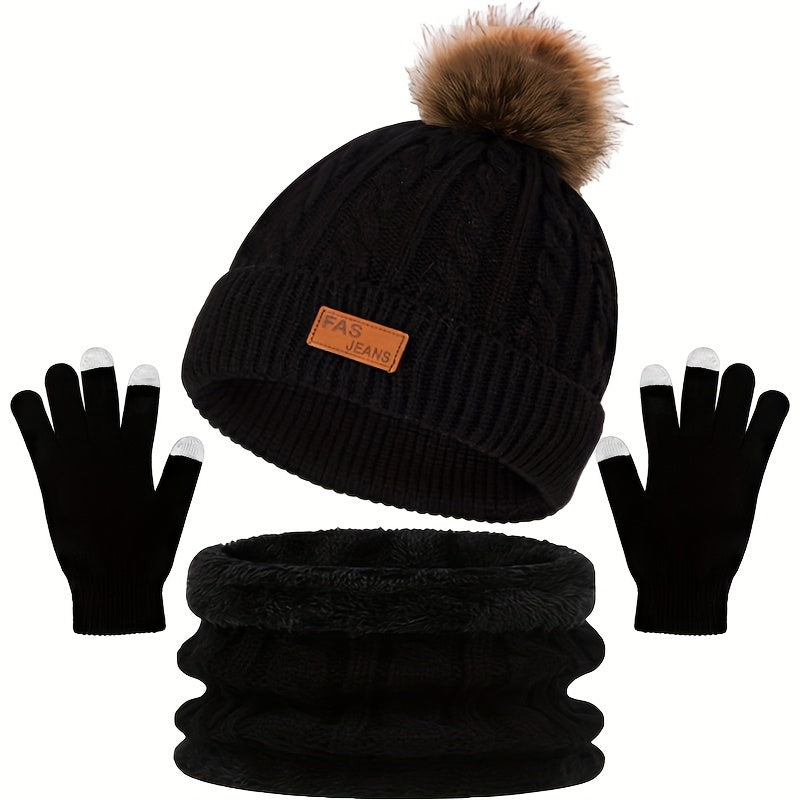 Damen 3-teiliges Winter-Accessoire-Set - Zopfstrick-Mütze, Schal & Handschuhe