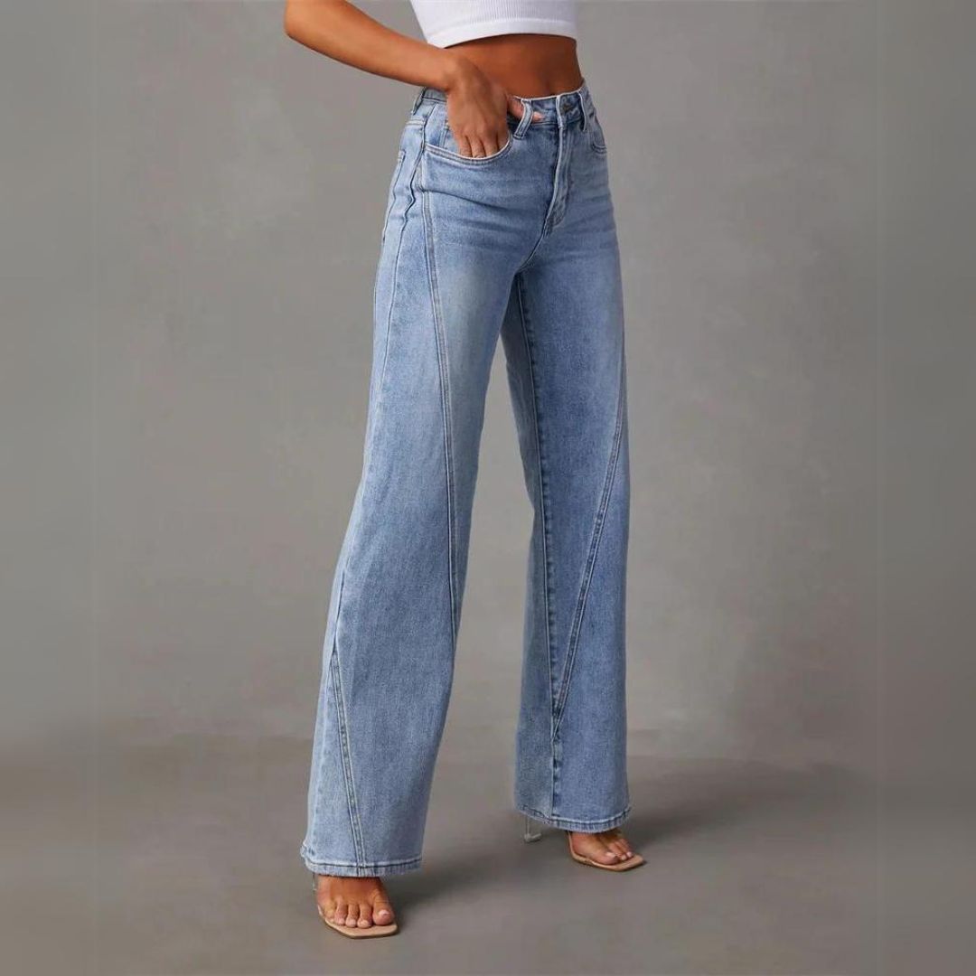 Damen Blaue Weite Jeans - Entspannte Passform mit V-Nähten