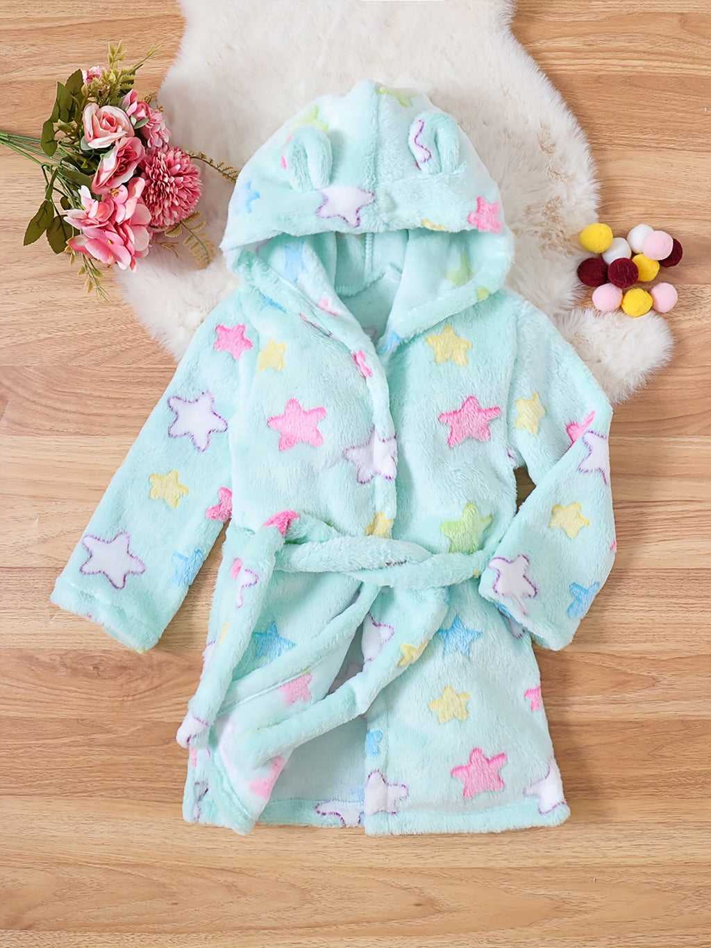 Kinder See-Blau Plüsch-Morgenmantel - Hooded Robe mit Sternen und Ohren