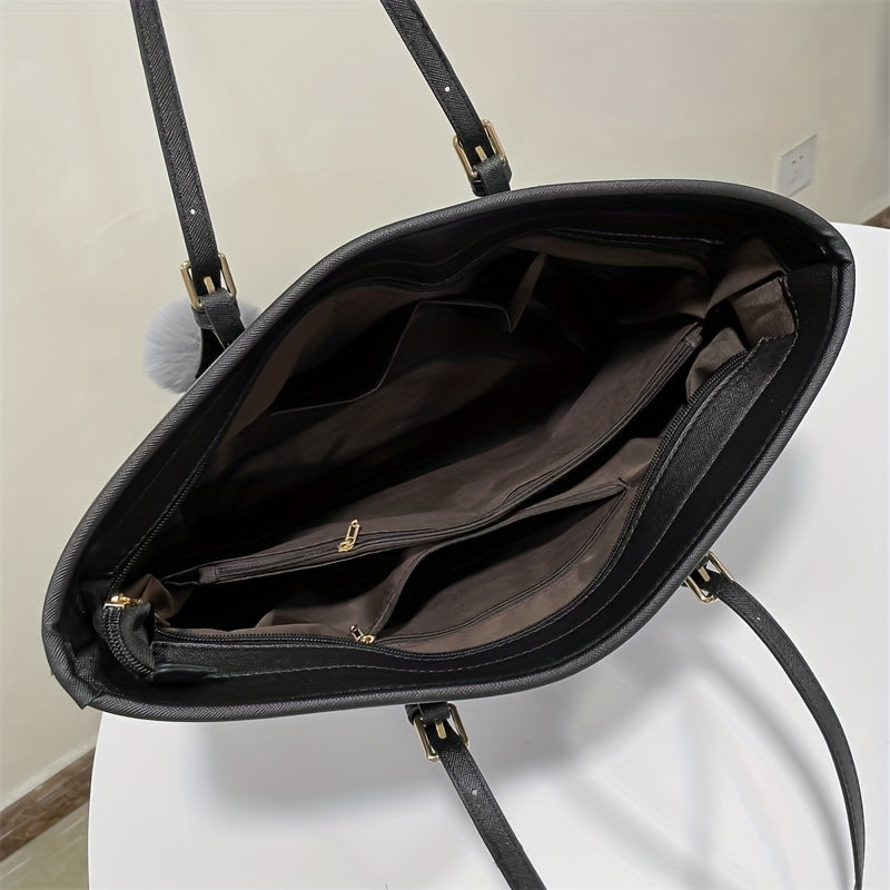 Damen Schwarze Tote Bag - Mit oberem Griff & Pompom-Anhänger