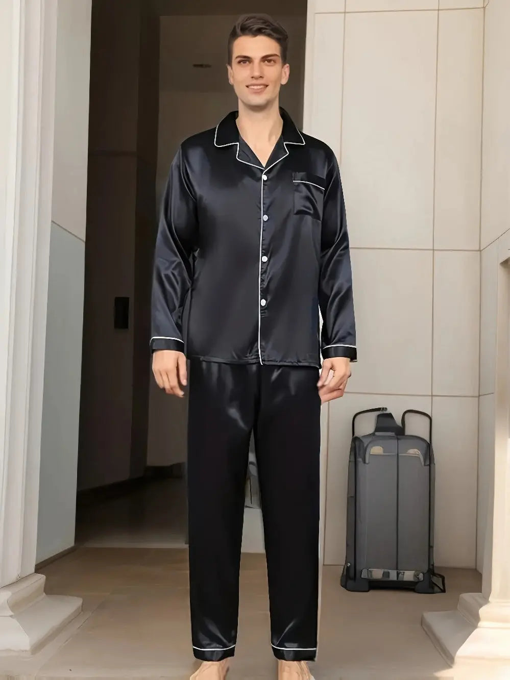 Herren Seidenartiges zweiteiliges Pyjama-Set - Hemd mit Kragen und Hose