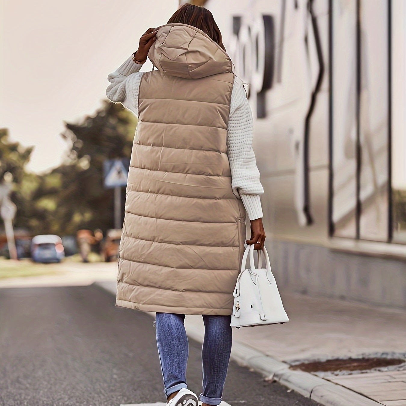 Damen Lange Gepolsterte Steppweste – Kapuze & Ärmellose Gilet
