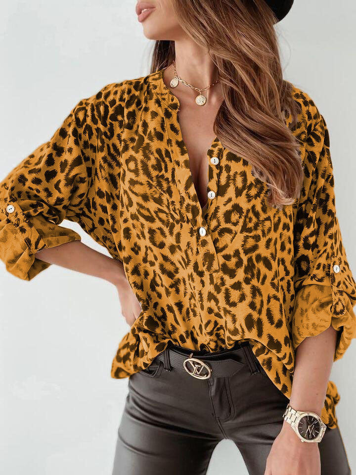 Damen Leopard Print Bluse – Roll-Tab Ärmel Button-Front Top
