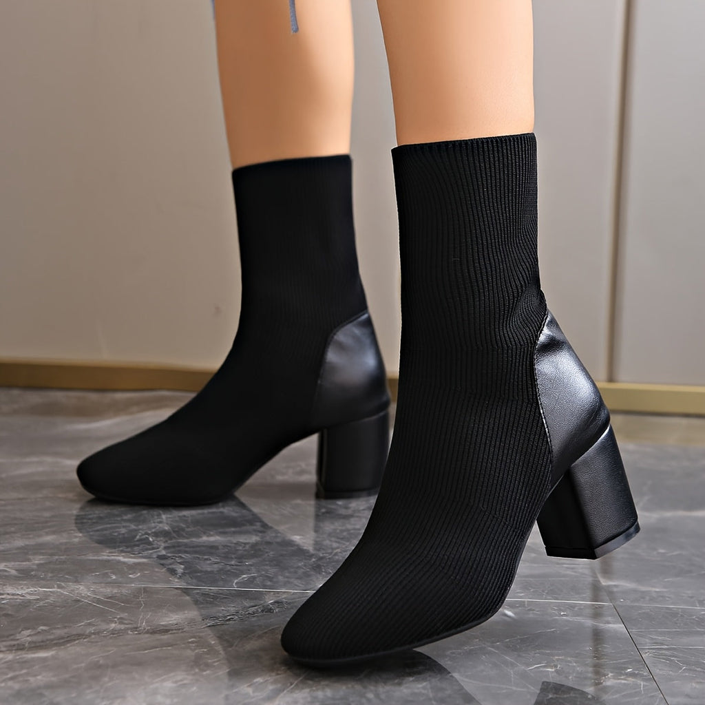 Damen Schwarze Gestrickte Stiefelette - Mittelhoher Blockabsatz