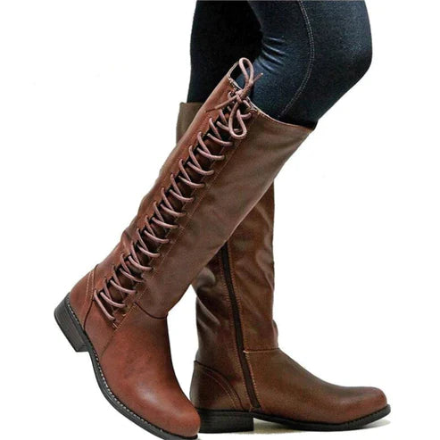 Damen Kniehohe Stiefel mit Seitenreißverschluss - Schnürung & Niedriger Absatz