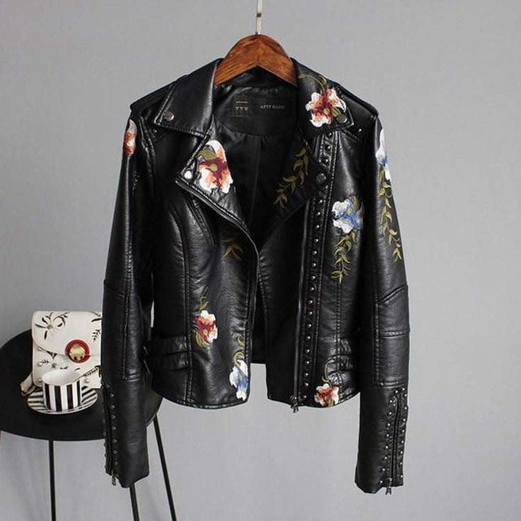Damen Schwarze Jacke im Blumigen Moto-Stil - Bestickte Oberbekleidung