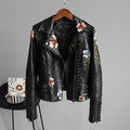 Damen Schwarze Jacke im Blumigen Moto-Stil - Bestickte Oberbekleidung