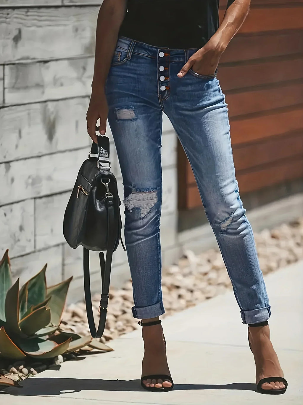 Damen Ripped Button Fly Jeans - Hochtailliert & Schmale Passform
