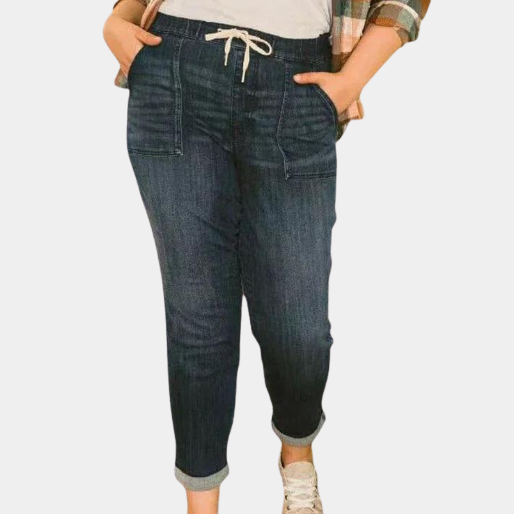 Damen Jeans mit hohem Bund - Kordelzug & aufgesetzte Taschen