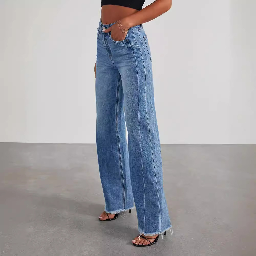 Damen Blaue Weite Jeans - Hohe Taille & Ausgefranster Saum