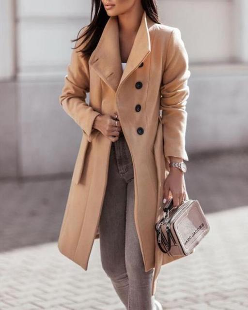 Damen Knielanger Trenchcoat - Bindegürtel mit Breitem Revers
