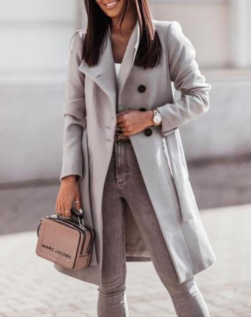 Damen Knielanger Trenchcoat - Bindegürtel mit Breitem Revers