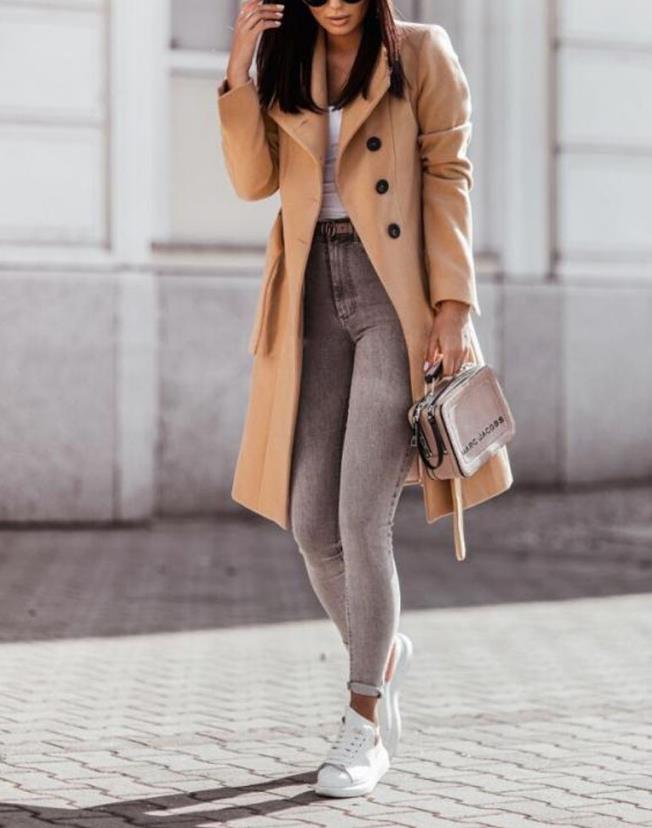 Damen Knielanger Trenchcoat - Bindegürtel mit Breitem Revers