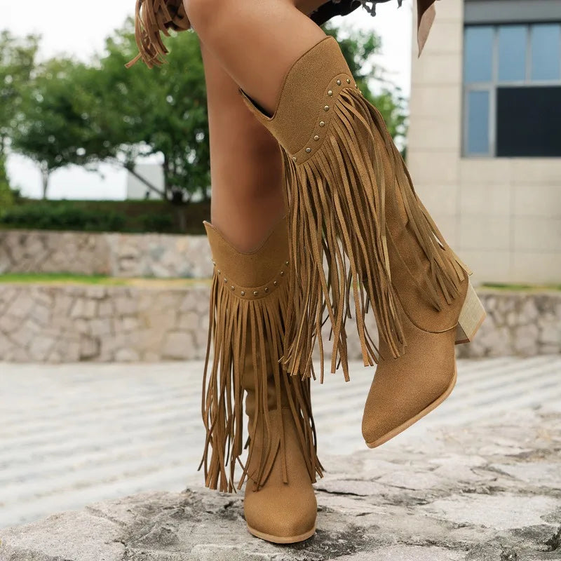 Damen Cowboystiefel aus Wildleder – Western-Stil mit Fransen