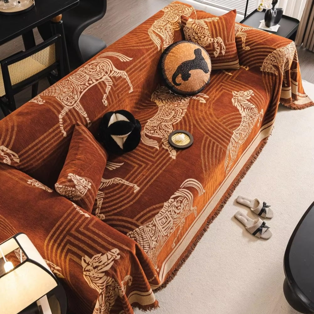 Pferde-Jacquard Decke – Boho-Sofa-Überwurf mit Fransen