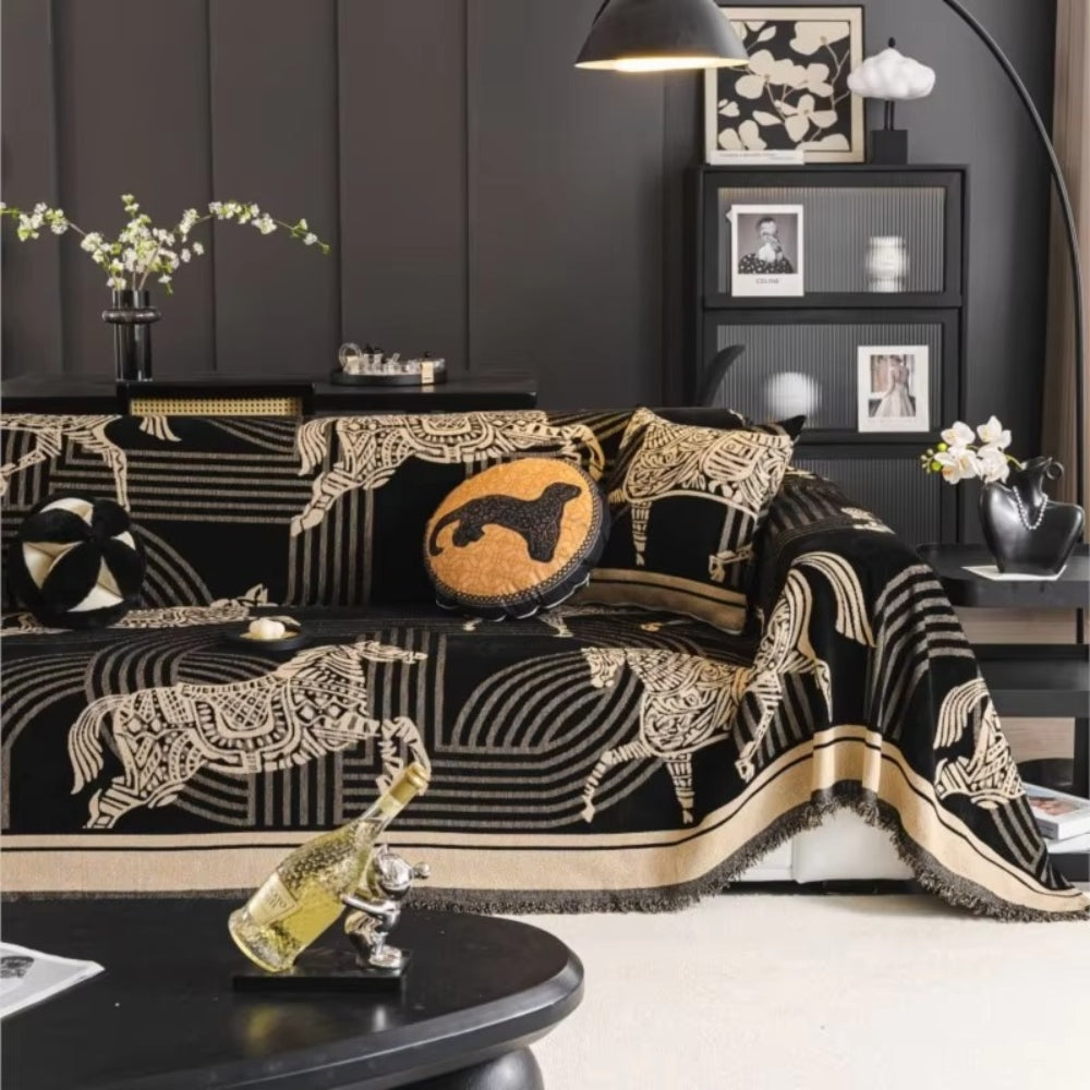 Pferde-Jacquard Decke – Boho-Sofa-Überwurf mit Fransen