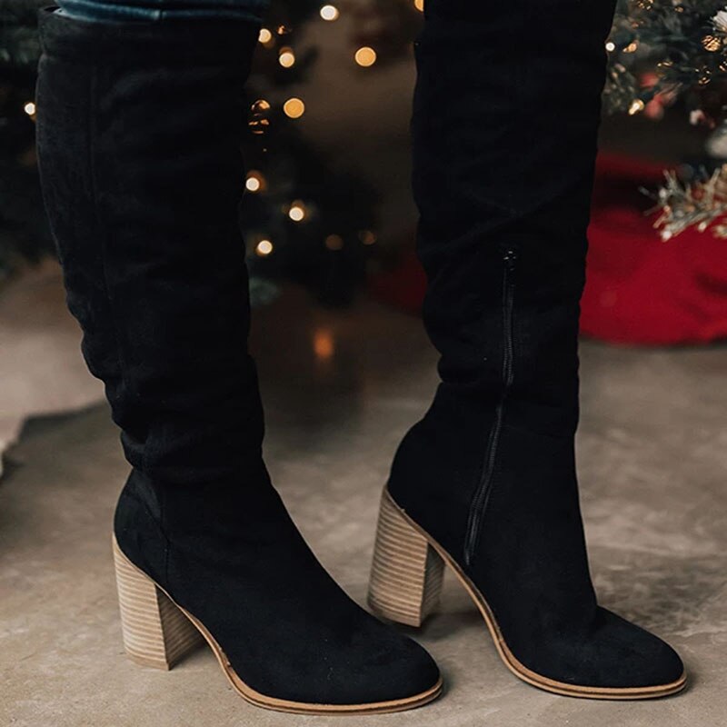 Damen Kniehohe Slouch Stiefel - Mit Blockabsatz