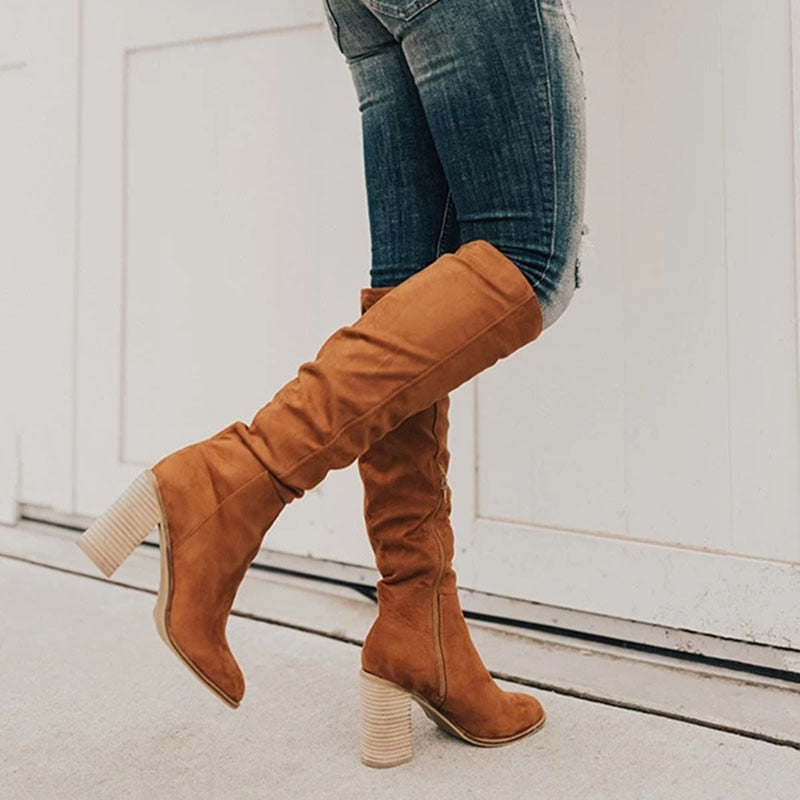Damen Kniehohe Slouch Stiefel - Mit Blockabsatz