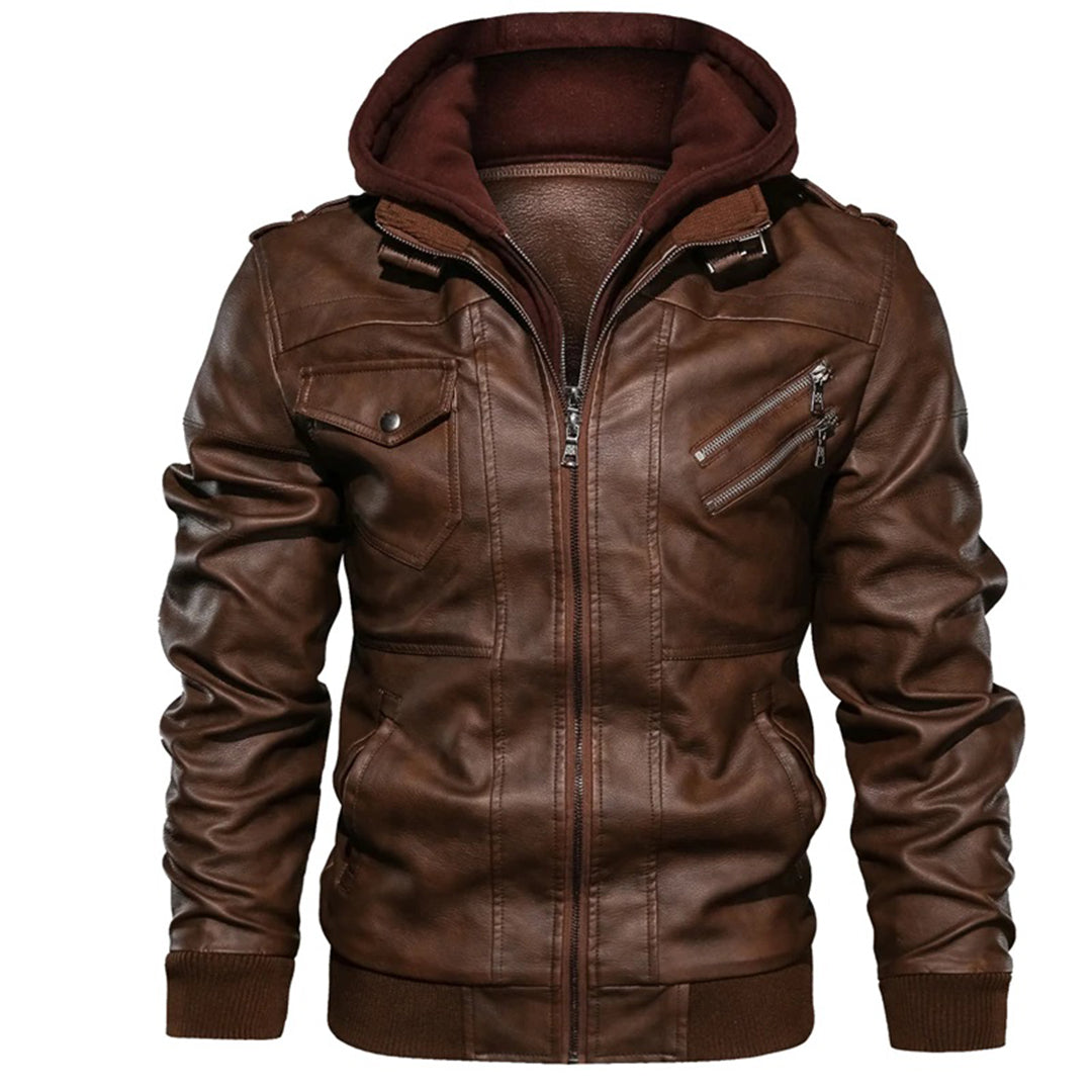 Herren Jacke im Moto-Stil mit Kapuze - Reißverschluss mit Hohem Kragen