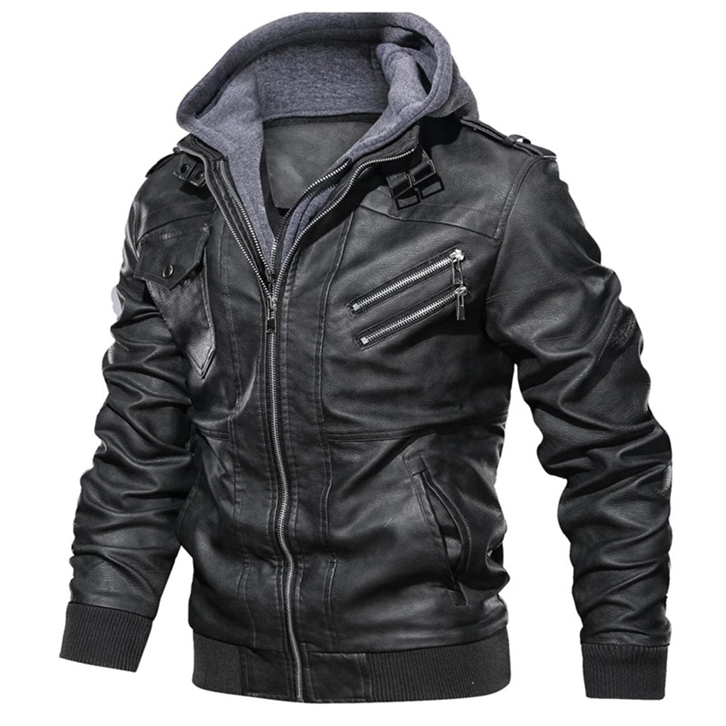 Herren Jacke im Moto-Stil mit Kapuze - Reißverschluss mit Hohem Kragen