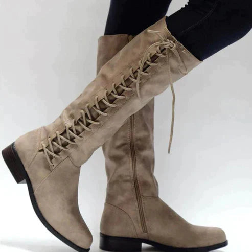 Damen Kniehohe Stiefel mit Seitenreißverschluss - Schnürung & Niedriger Absatz
