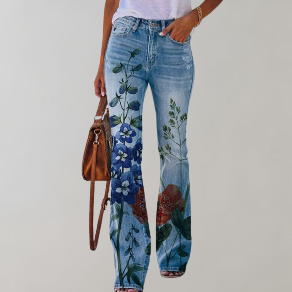 Damen Geblümte Schlagjeans - High-Waisted & Entspannte Passform